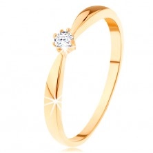 Inel din aur galben de 14K - braţe rotunjite, zirconiu rotund de culoare transparentă