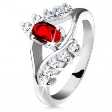 Inel strălucitor de culoare argintie, oval roșu fațetat, zirconii transparente