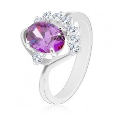 Inel cu braţe îndoite, zirconiu oval violet, arcadă strălucitoare, transparentă