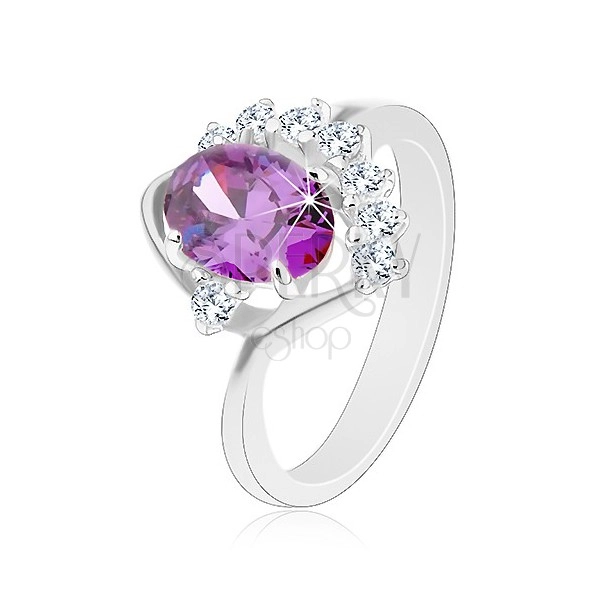 Inel cu braţe îndoite, zirconiu oval violet, arcadă strălucitoare, transparentă
