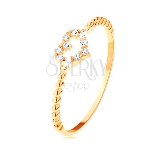 Inel din aur galben de 14K – contur de inimă din zirconiu, brațe striate
