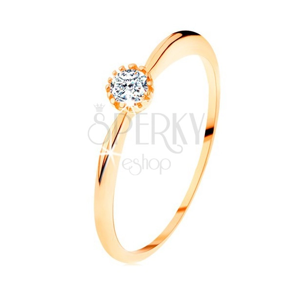Inel din aur galben de 14K - zirconiu transparent strălucitor, braţe cu suprafaţă proeminentă
