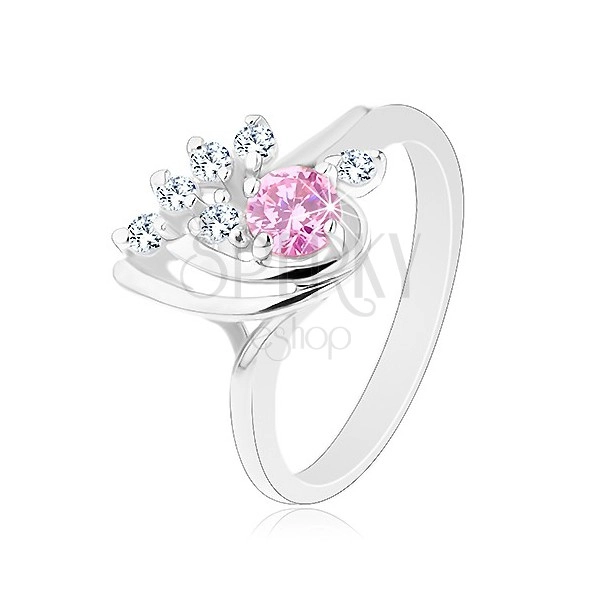 Inel strălucitor, lacrimă asimetrică decorată cu zirconii transparente şi roz