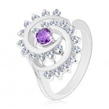 Inel de culoare argintie, spirală mare din zirconii transparente cu centru violet