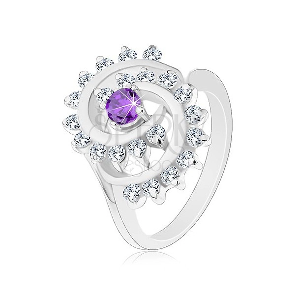 Inel de culoare argintie, spirală mare din zirconii transparente cu centru violet
