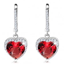 Cercei din argint 925 - inimă din zirconiu roşu cu margine lucioasă