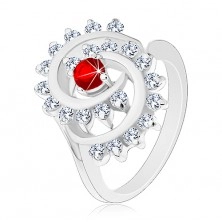 Inel lucios cu spirală decorativă, bordură zirconii, zircon roșu închis