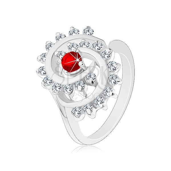 Inel lucios cu spirală decorativă, bordură zirconii, zircon roșu închis