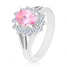 Inel cu floare din zirconii de culoare roz și transparente, brațe separate