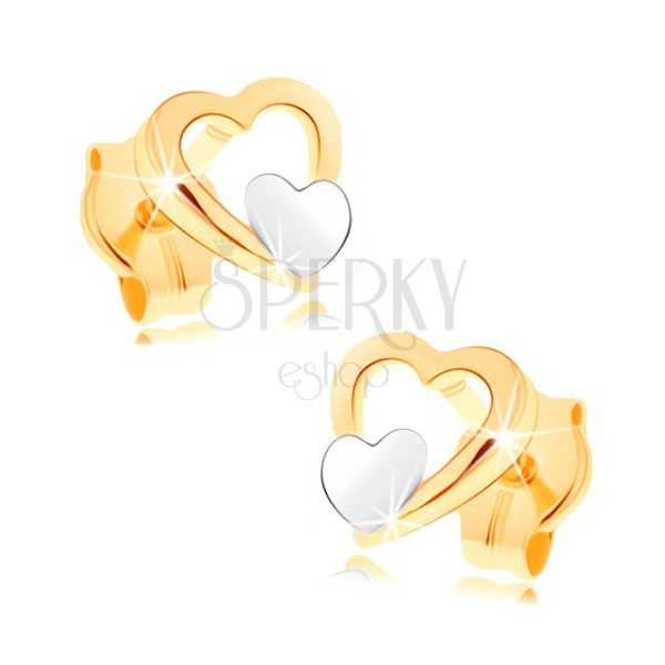 Cercei din aur de 14K - contur lucios de inimă, inimă mică, plată din aur alb