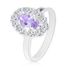 Inel de culoare argintie, formă de bob violet deschis cu margine din zirconii transparente