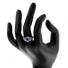 Inel cu braţe lucioase, zirconiu violet oval, perechi netede din arcade, zirconii transparente
