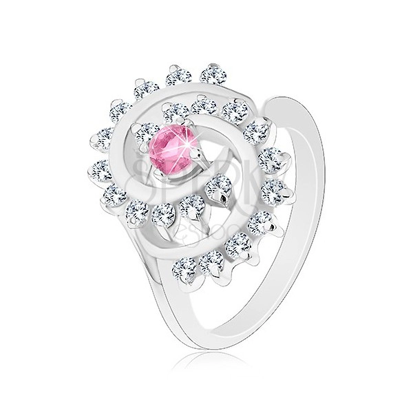 Inel de culoare argintie, spirală cu margine transparentă, zirconiu roz, rotund