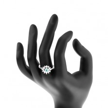 Inel cu brațe înguste, cerc transparent, floare din zirconii transparente și acquamarine