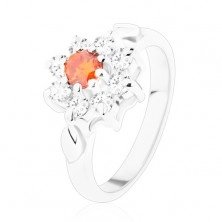 Inel strălucitor cu o floare și frunze, zirconii portocalii și transparente
