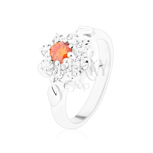 Inel strălucitor cu o floare și frunze, zirconii portocalii și transparente