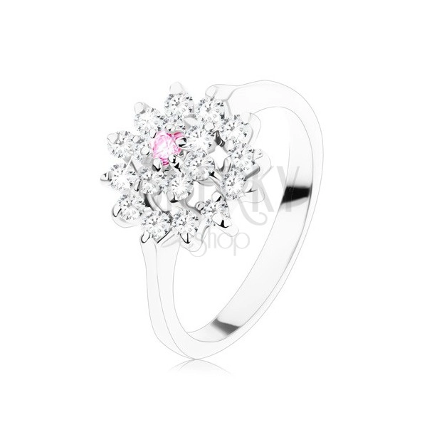 Inel strălucitor - brațe înguste, lucioase, floare din zirconii roz și transparente într-un cerc
