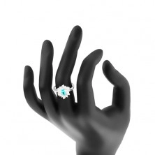 Inel lucios cu brațe înguste, zirconiu acquamarine în formă de bob, margine transparentă