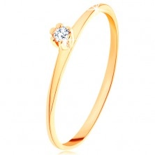 Inel din aur galben 14K - diamant rotund, transparent, braţe înguste alungite