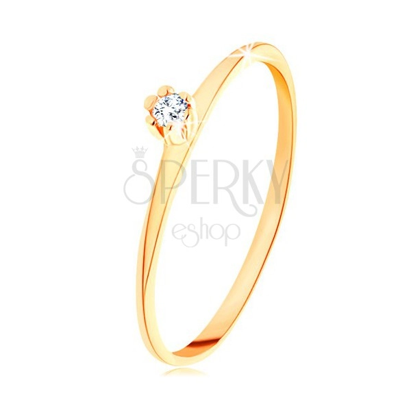 Inel din aur galben 14K - diamant rotund, transparent, braţe înguste alungite