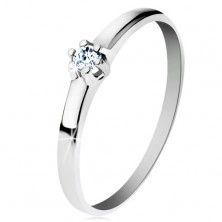 Inel din aur alb de 14K - braţe netede, înguste, diamant strălucitor în culoare transparentă