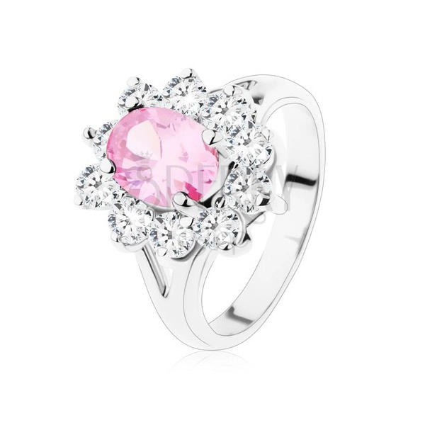 Inel cu braţe despicate, zirconiu oval roz, margine transparentă