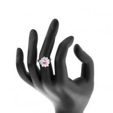 Inel cu braţe despicate, zirconiu oval roz, margine transparentă