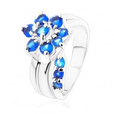 Inel lucios cu braţe despicate, floare din zirconii albastre
