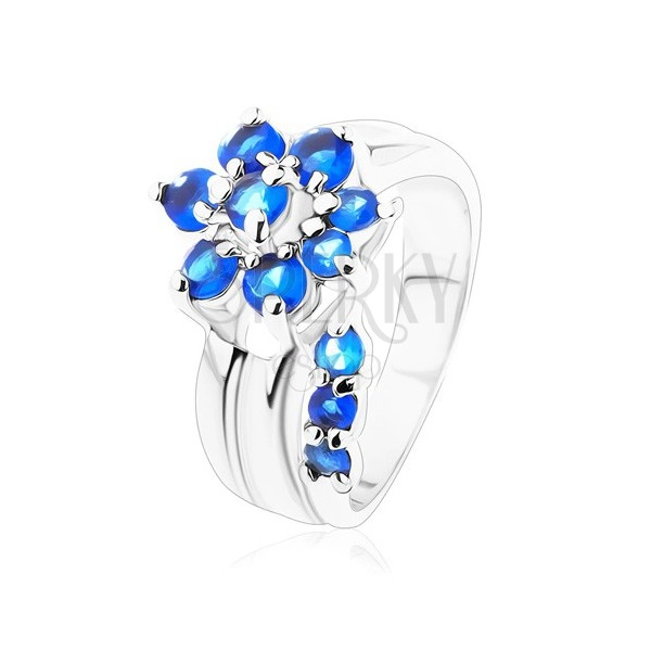 Inel lucios cu braţe despicate, floare din zirconii albastre