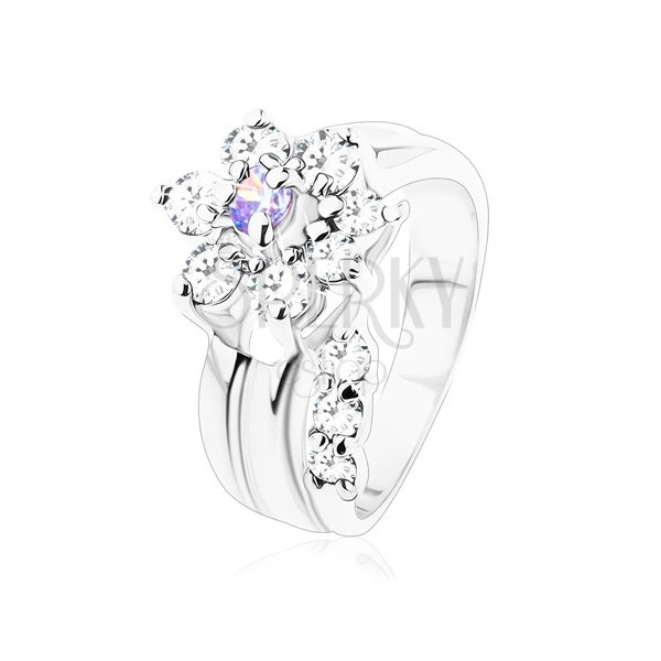 Inel strălucitor, codiţă de floare îndoită, floare din zirconii de culoare violet deschis şi transparent