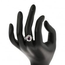 Inel cu brațe despicate, oval violet cu margine de zirconiu strălucitor