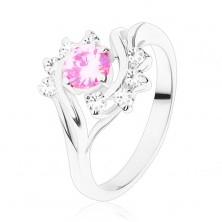 Inel lucios cu brațe înguste de culoare argintie, zirconiu roz, arcadă transparentă
