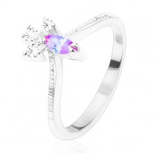 Inel cu brațe crestate, zirconiu în formă de bob de culoare violet deschis, trei zirconii transparente