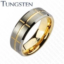 Inel din tungsten în două culori, argintiu şi auriu, crestături, 8 mm
