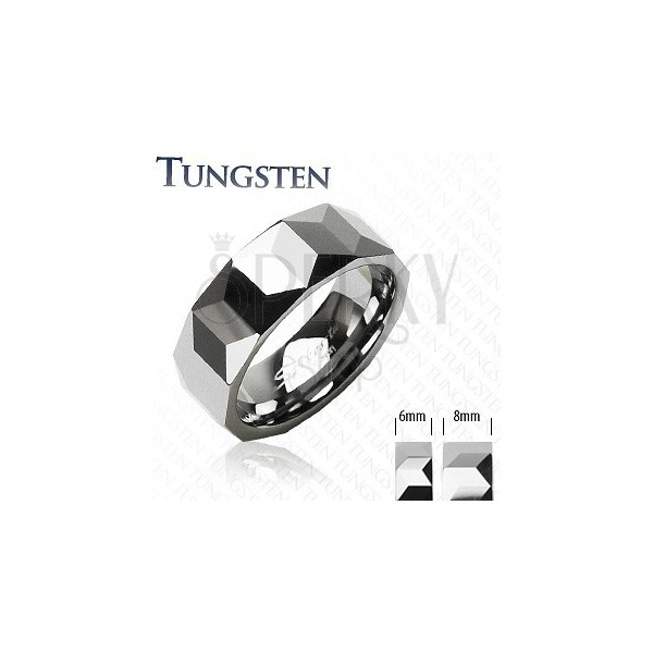 Inel din tungsten de culoare argintie, suprafaţă cu model geometric, 6 mm