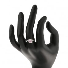 Inel lucios cu floare din zirconii de culoare roz și transparente, brațe îngustate