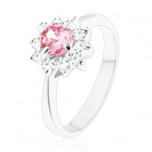 Inel lucios cu floare din zirconii de culoare roz și transparente, brațe îngustate