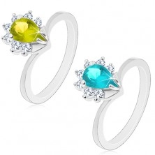 Inel de culoare argintie, zirconii colorate în formă de lacrimă cu margine transparentă strălucitoare
