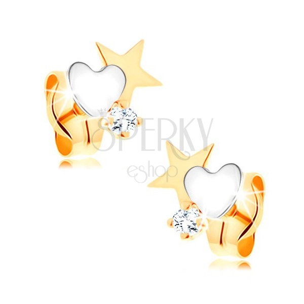Cercei din aur 585 în două culori – stea și inimă, zirconiu rotund transparent