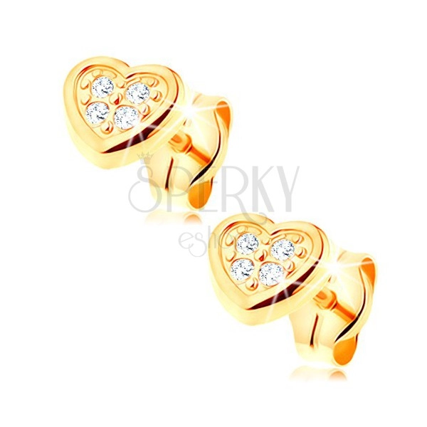 Cercei din aur galben de 14K - inimă simetrică decorată cu zirconii transparente