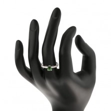 Inel din argint 925, braţe lucioase încrustate cu zirconii transparente, zirconiu verde