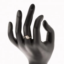 Inel din aur galben de 14K -  inimă din zirconiu transparent, capete îndoite ale braţelor