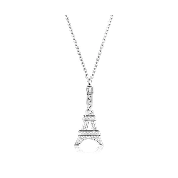 Colier din argint 925, pandantiv pe lanţ, model Turnul Eiffel cu zirconii
