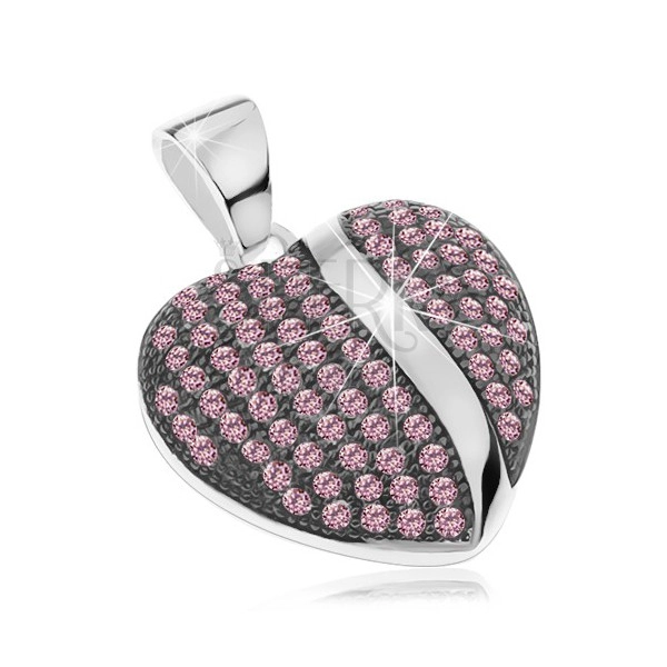 Pandantiv din argint 925, inimă proeminentă patinată cu zirconii roz