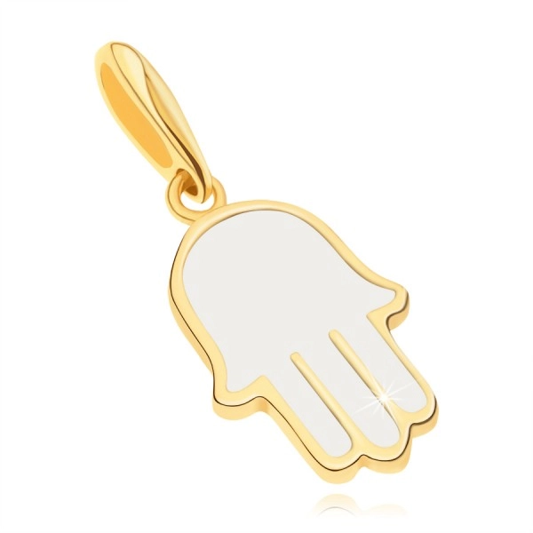 Pandantiv din aur 585 - mâna Fatimei acoperită cu email de culoare albă