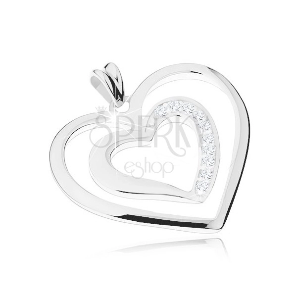 Pandantiv din argint 925 placat cu rodiu, două contururi inimă, zirconii transparente