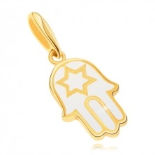Pandantiv din aur 585 - mâna Fatimei acoperită cu email de culoare albă, stea