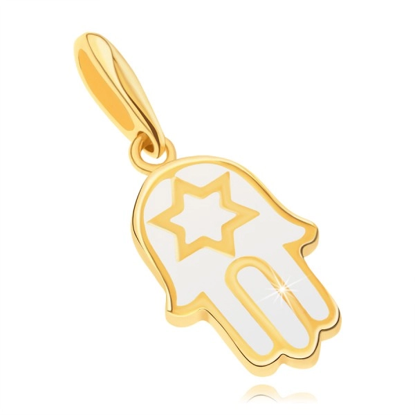 Pandantiv din aur 585 - mâna Fatimei acoperită cu email de culoare albă, stea