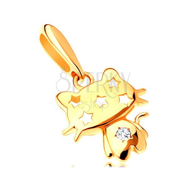 Pandantiv din aur galben de 14K - pisică lucioasă, zirconiu transparent, stele