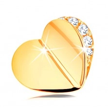 Pandantiv din aur galben de 14K - inimă lucioasă, îndoită, contur transparent din zirconii